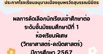 ประกาศโรงเรียนอนุบาลเมืองชุมพรวัดสุบรรณนิมิตร เรื่อง ผลการคัดเลือกนักเรียนเข้าศึกษาต่อระดับชั้นมัธยมศึกษาปีที่ 1 ห้องเรียนพิเศษ (วิทยาศาสตร์-คณิตศาสตร์) ปีการศึกษา 2567